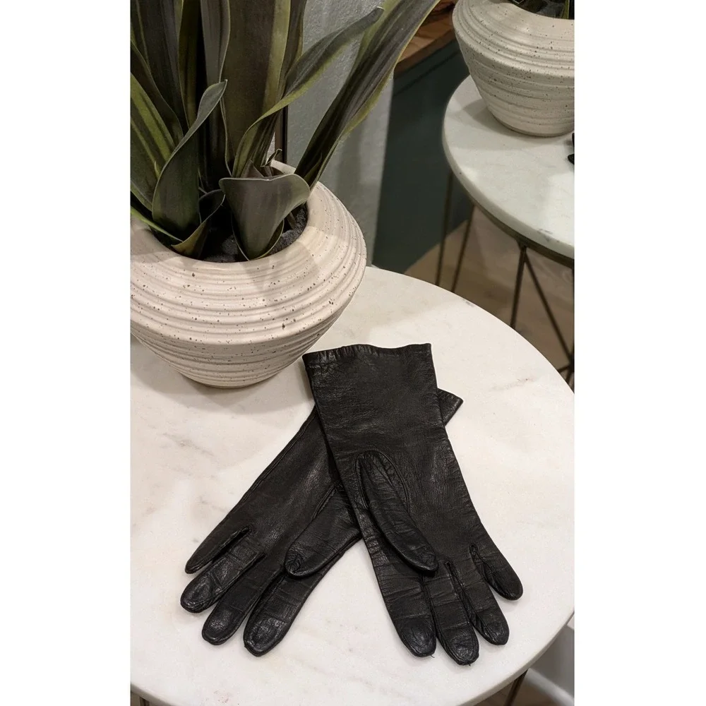 Vtg 1950s Aris of Paris Black Real Kidskin Leather Gloves Sz 7 French Mid-length